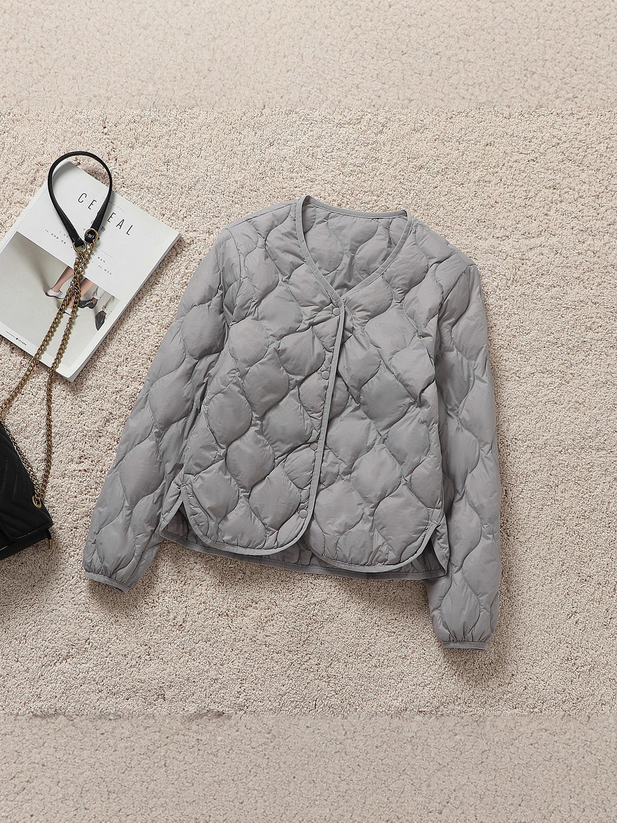 V Neck Snap Front Lightweight Down Jacket - Grey - 1