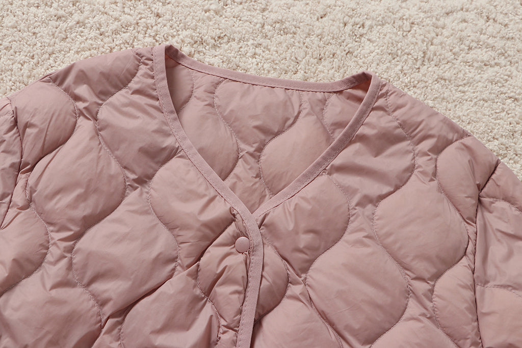 V Neck Snap Front Lightweight Down Jacket - Pink - 1