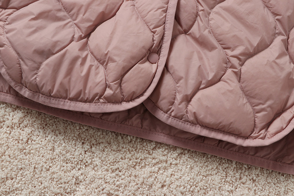 V Neck Snap Front Lightweight Down Jacket - Pink - 2