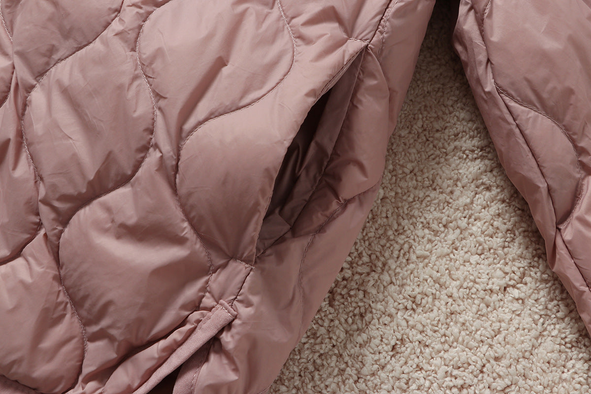 V Neck Snap Front Lightweight Down Jacket - Pink - 3