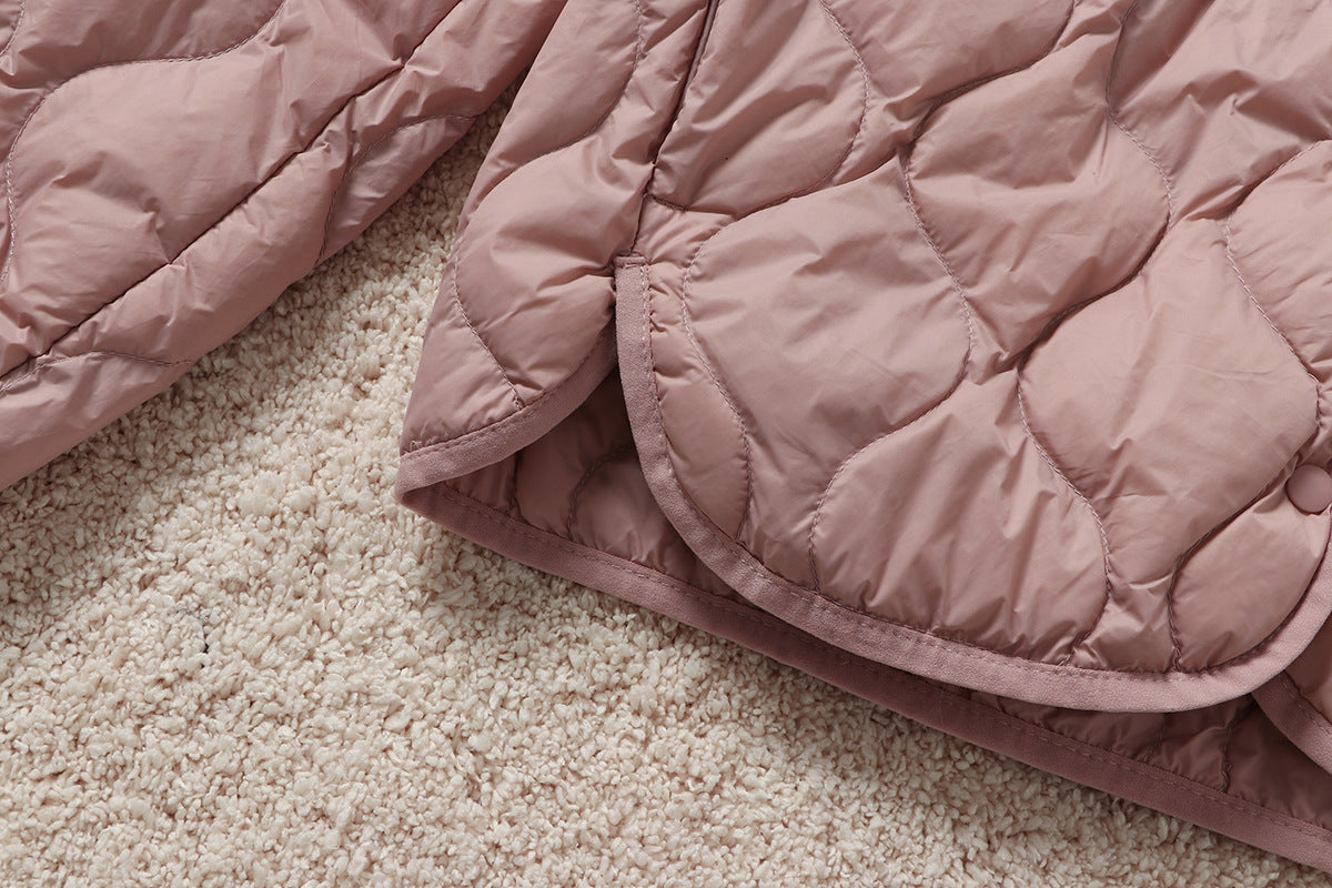 V Neck Snap Front Lightweight Down Jacket - Pink - 4