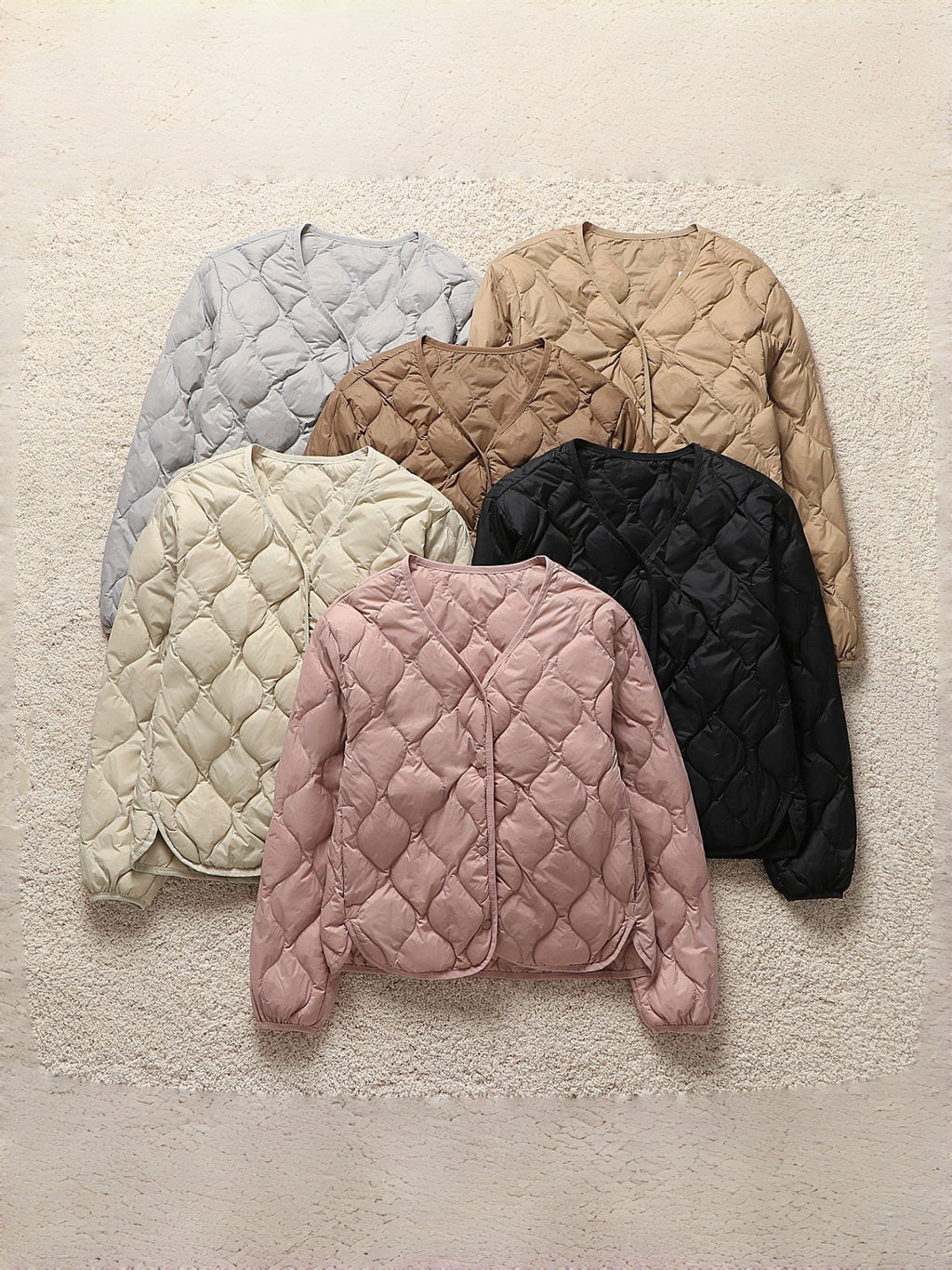 V Neck Snap Front Lightweight Down Jacket