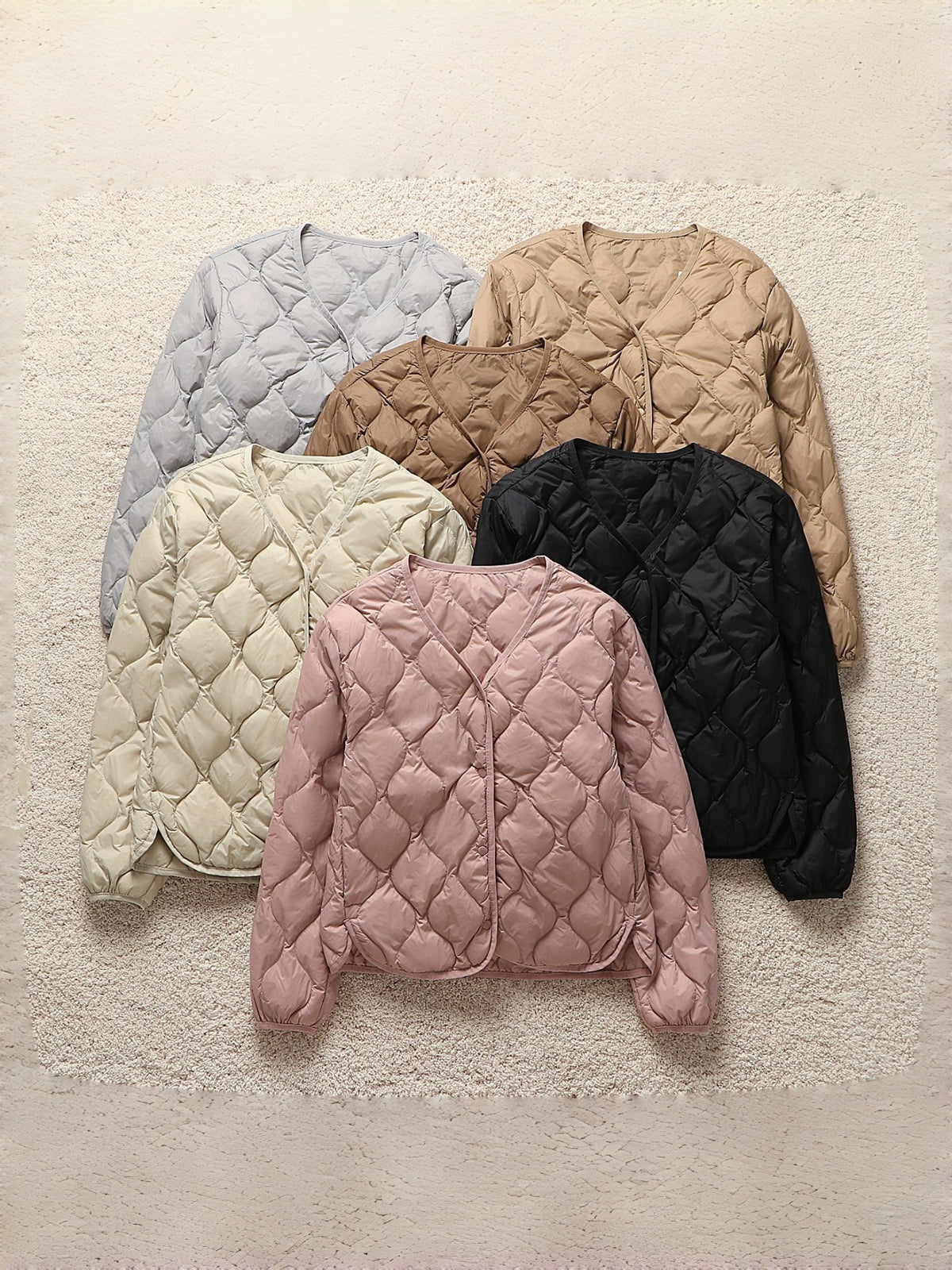 V Neck Snap Front Lightweight Down Jacket