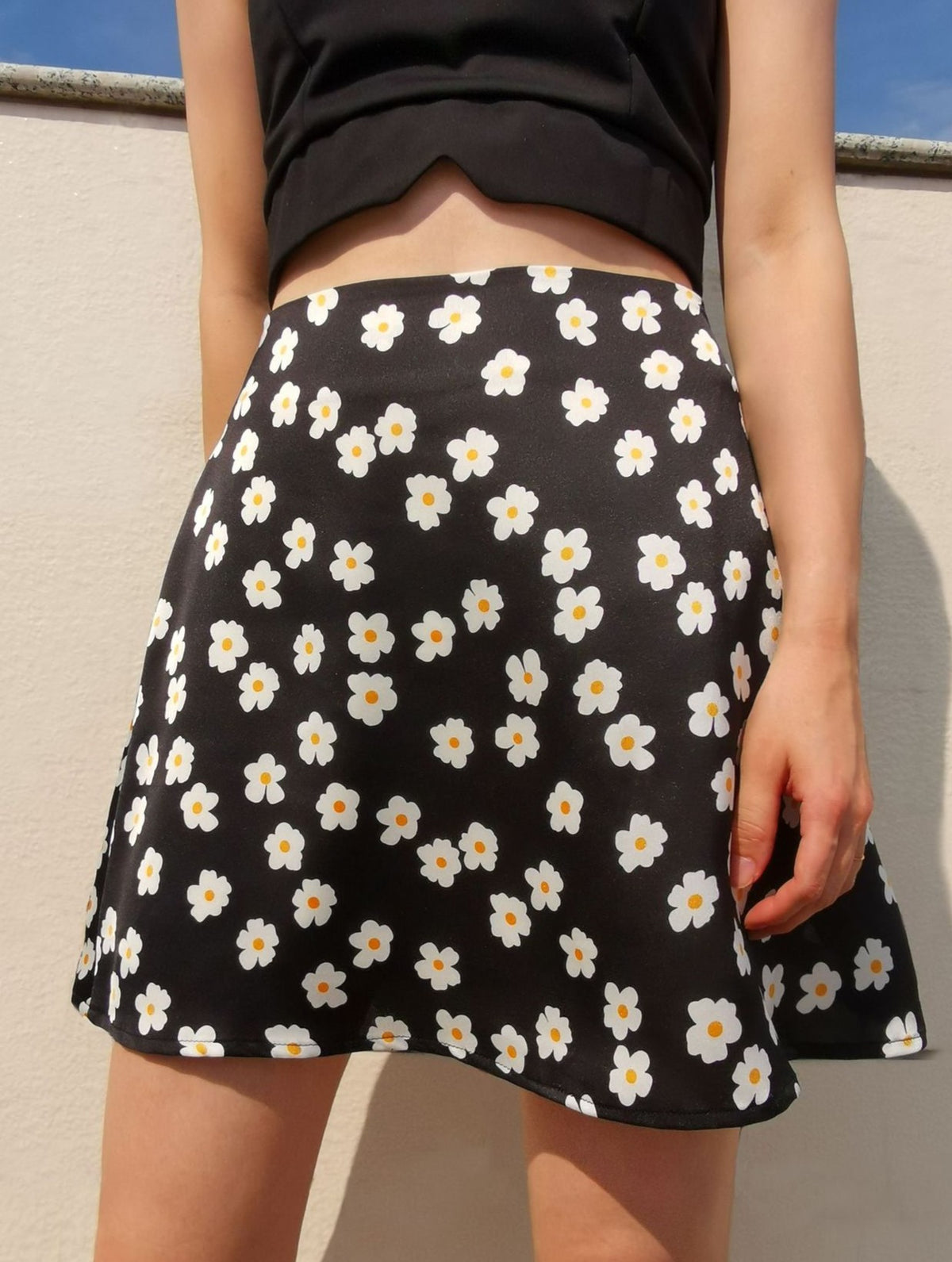 High Waisted Satin A Line Mini Skirt - Black