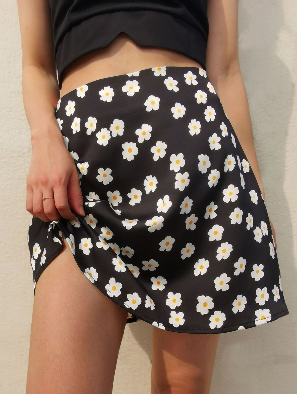 High Waisted Satin A Line Mini Skirt - Black - 2