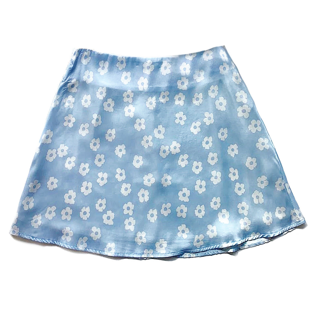 High Waisted Satin A Line Mini Skirt - Blue