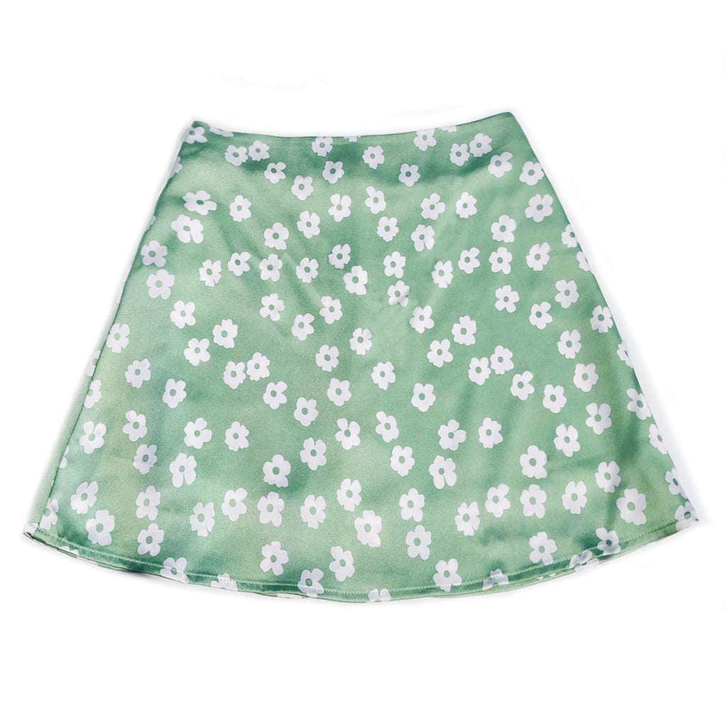 High Waisted Satin A Line Mini Skirt - Green
