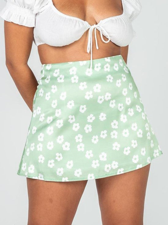 High Waisted Satin A Line Mini Skirt - Green - 1