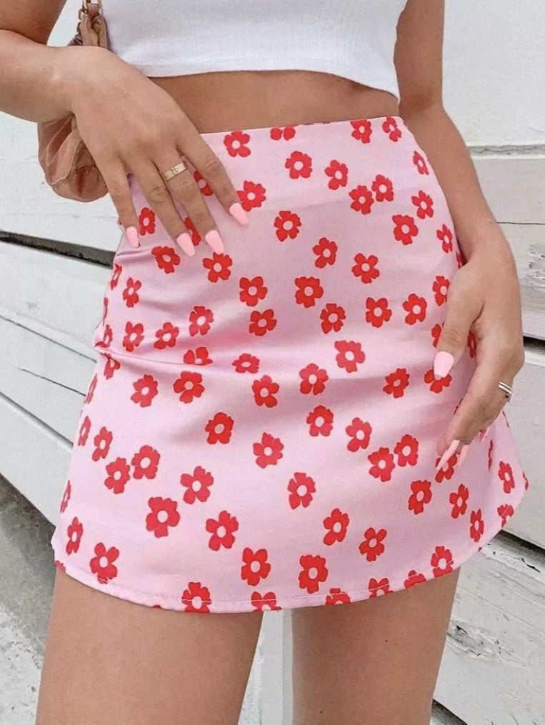 High Waisted Satin A Line Mini Skirt - Pink - 1