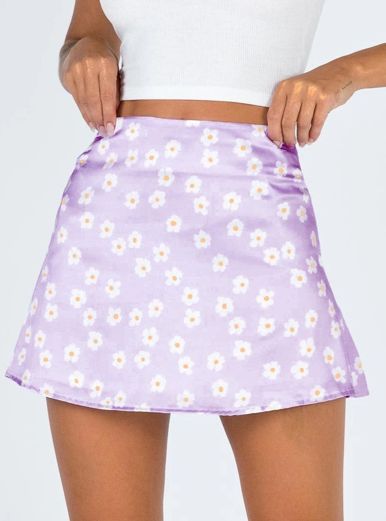 High Waisted Satin A Line Mini Skirt - Purple - 1