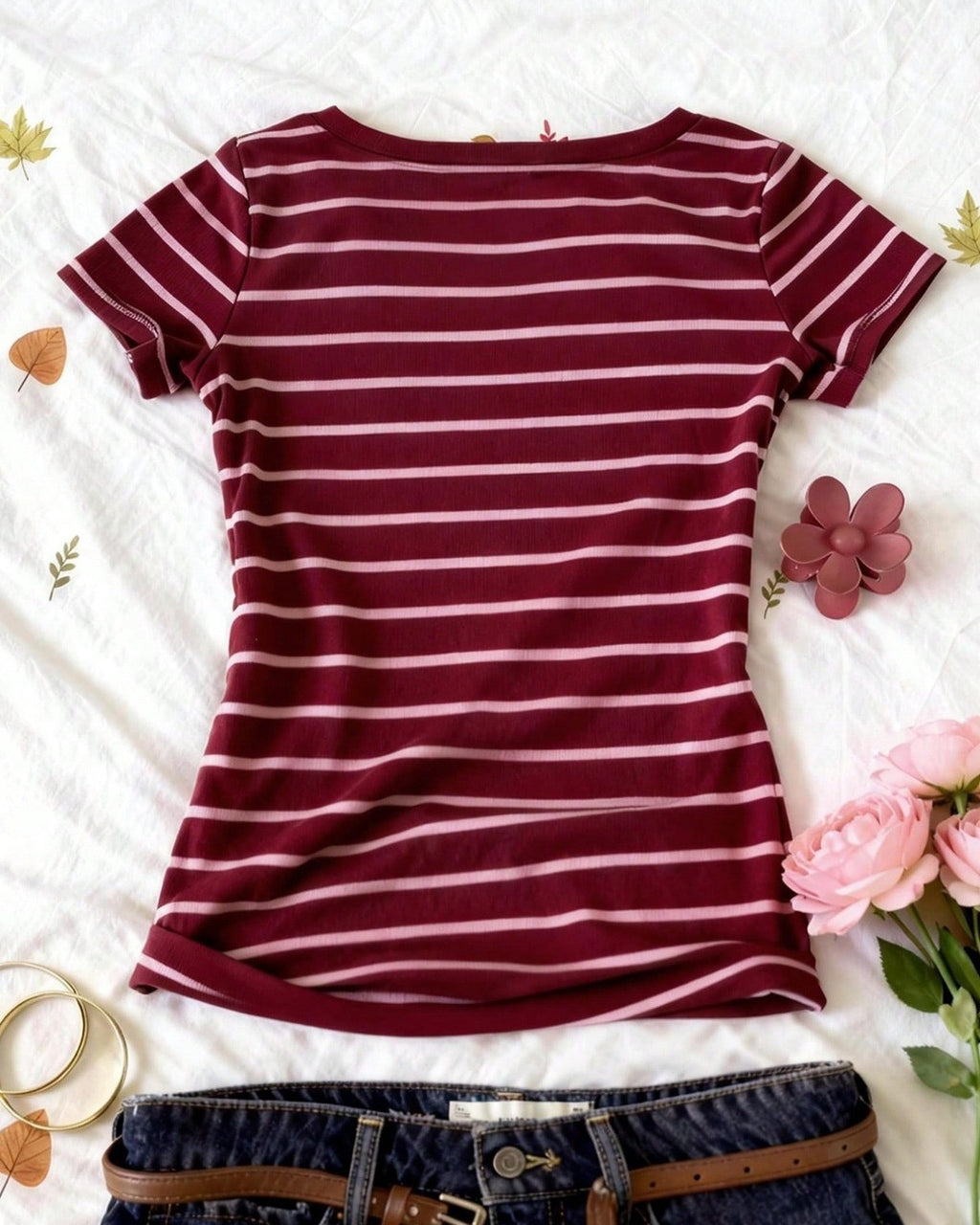 Ribbed Stripe Henley Button Neck Tee - Wine-Red - 1