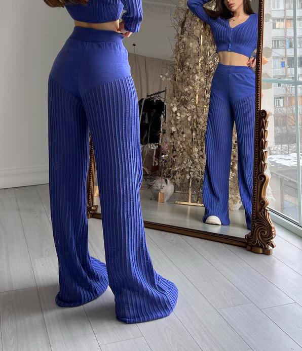 Ribbed Knit Cardigan And Wide Leg Pants Set - Blue - 2