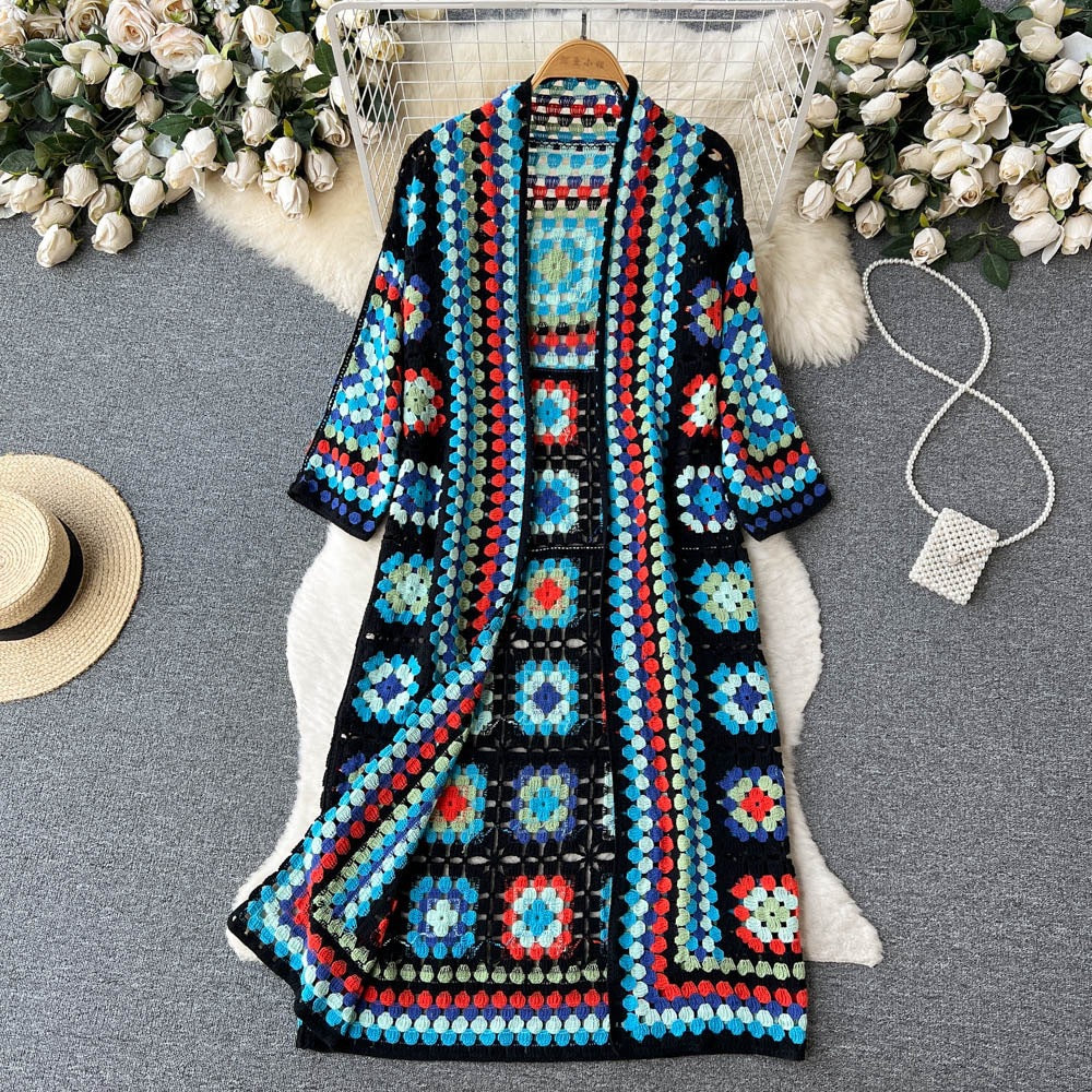 Boho Granny Square Crochet Maxi Cardigan - Blue