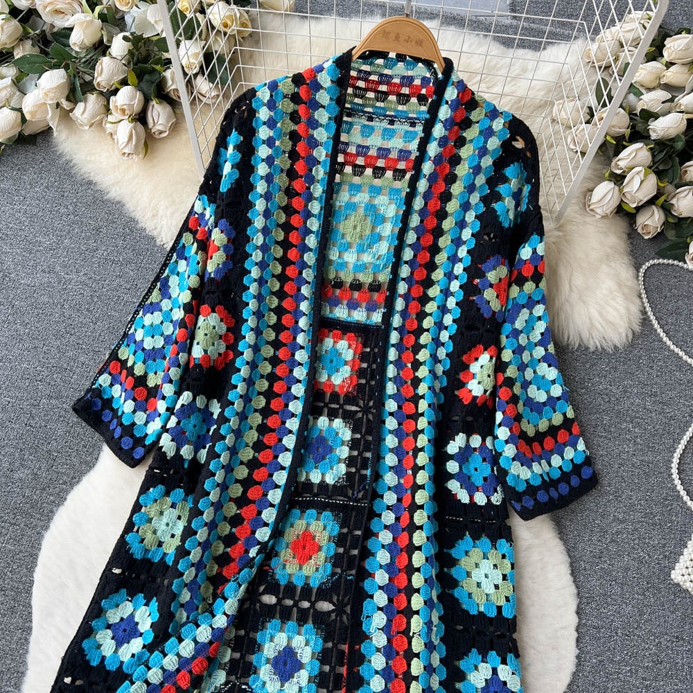 Boho Granny Square Crochet Maxi Cardigan - Blue - 1
