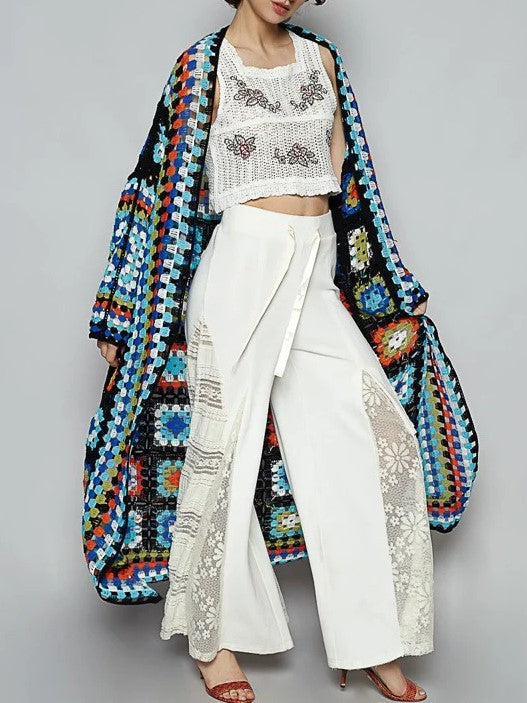 Boho Granny Square Crochet Maxi Cardigan - Blue - 3