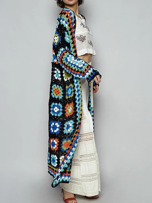 Boho Granny Square Crochet Maxi Cardigan - Blue - 4