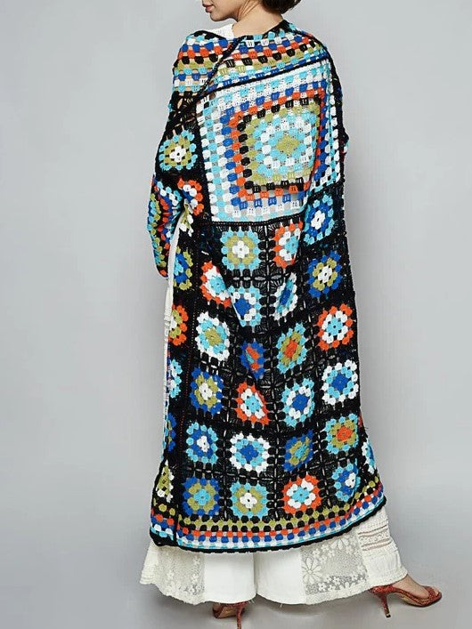Boho Granny Square Crochet Maxi Cardigan - Blue - 5