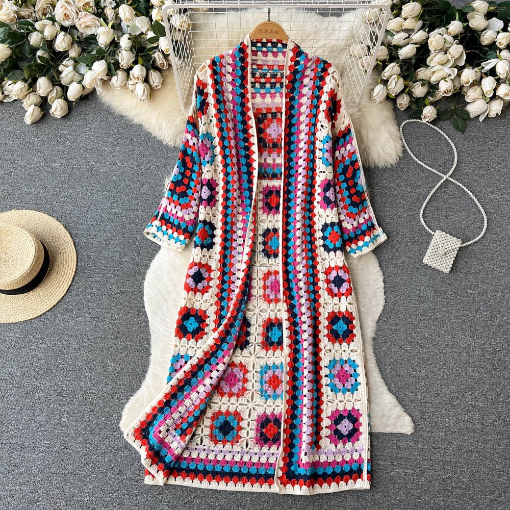 Boho Granny Square Crochet Maxi Cardigan - Red