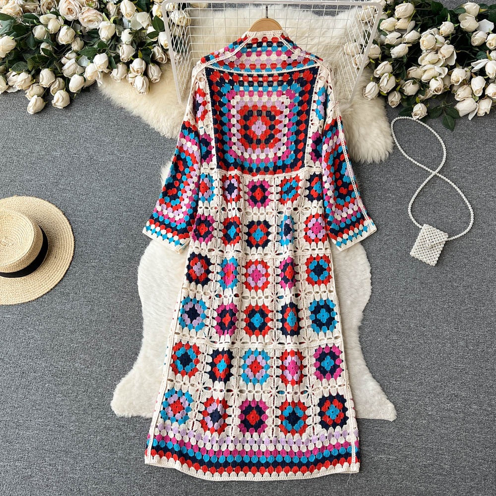 Boho Granny Square Crochet Maxi Cardigan - Red - 1