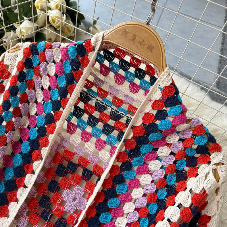 Boho Granny Square Crochet Maxi Cardigan - Red - 10