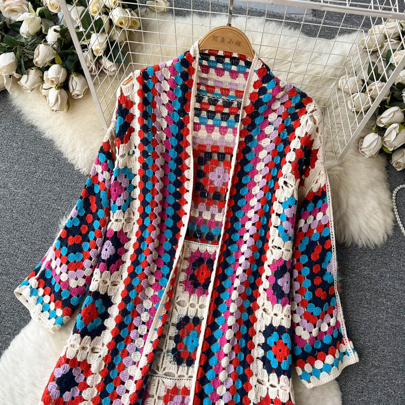 Boho Granny Square Crochet Maxi Cardigan - Red - 11