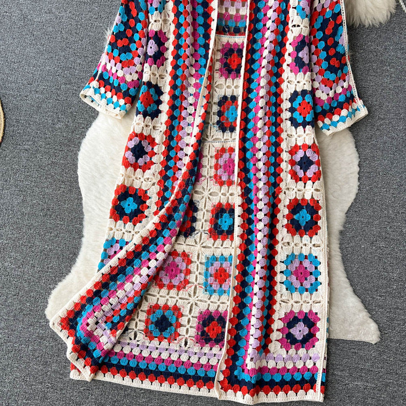 Boho Granny Square Crochet Maxi Cardigan - Red - 12