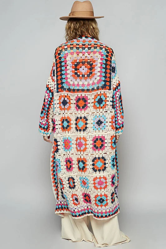 Boho Granny Square Crochet Maxi Cardigan - Red - 14