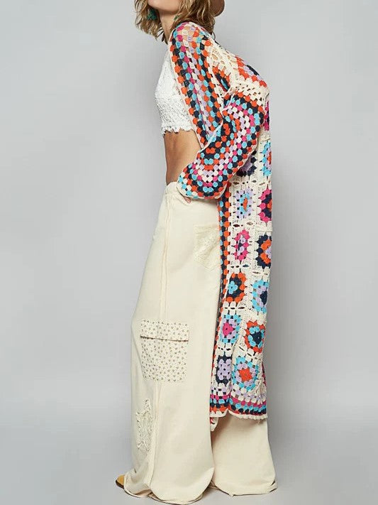Boho Granny Square Crochet Maxi Cardigan - Red - 16