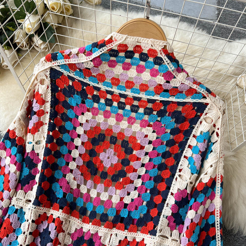 Boho Granny Square Crochet Maxi Cardigan - Red - 2