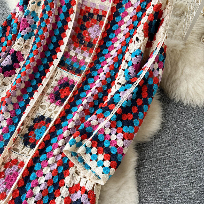 Boho Granny Square Crochet Maxi Cardigan - Red - 3