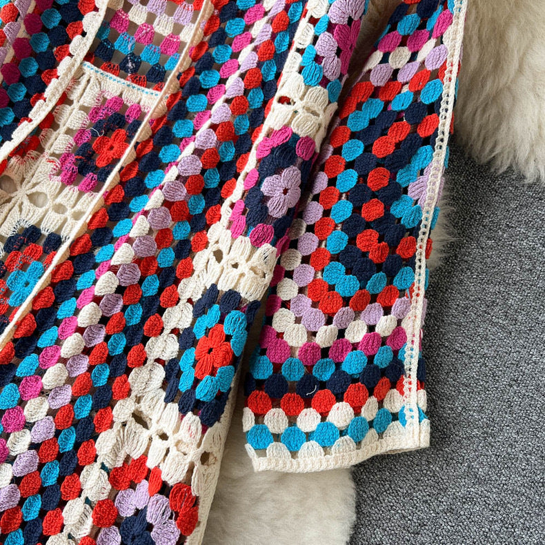 Boho Granny Square Crochet Maxi Cardigan - Red - 8