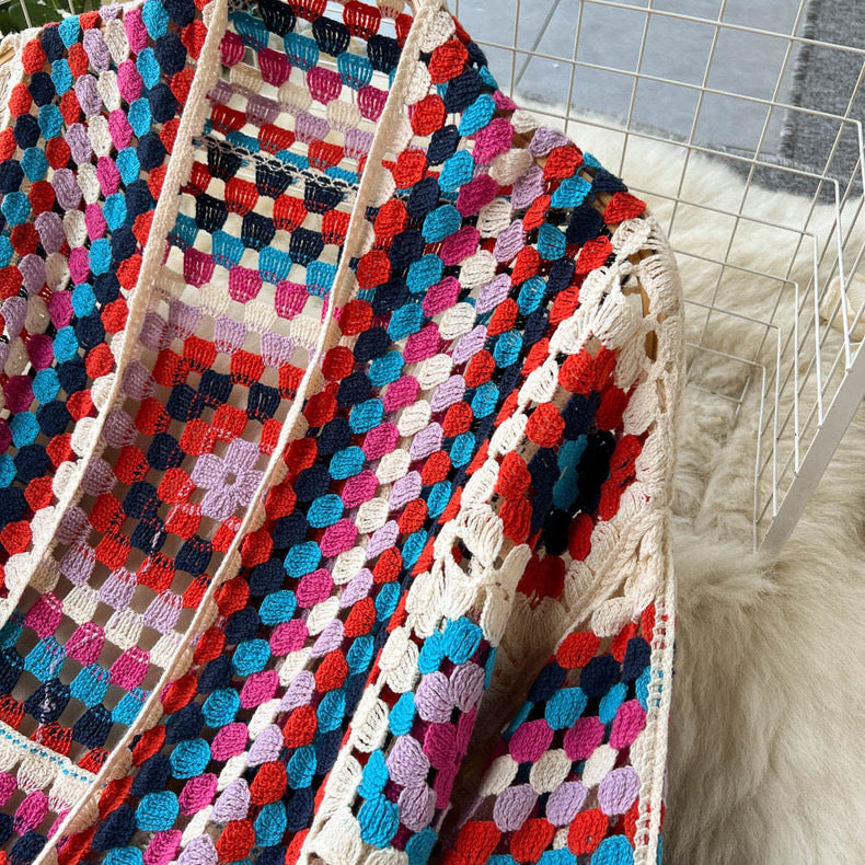 Boho Granny Square Crochet Maxi Cardigan - Red - 9
