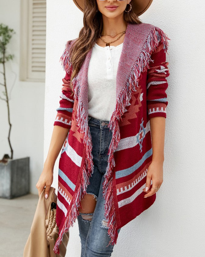 Fringed Hooded Southwestern Knit Cardigan - Red - 1
