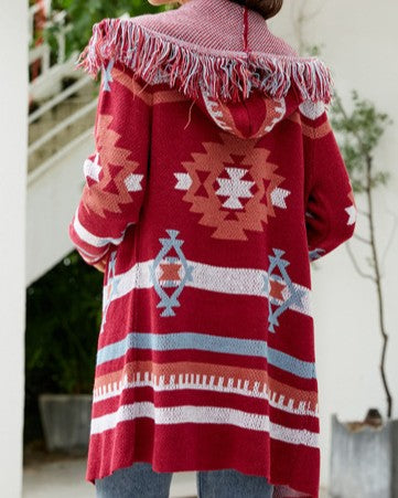 Fringed Hooded Southwestern Knit Cardigan - Red - 2