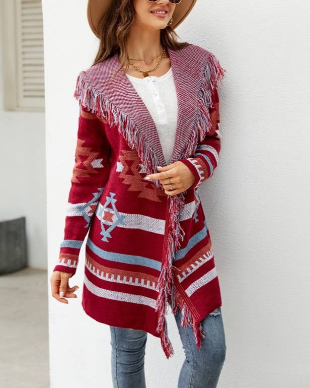 Fringed Hooded Southwestern Knit Cardigan