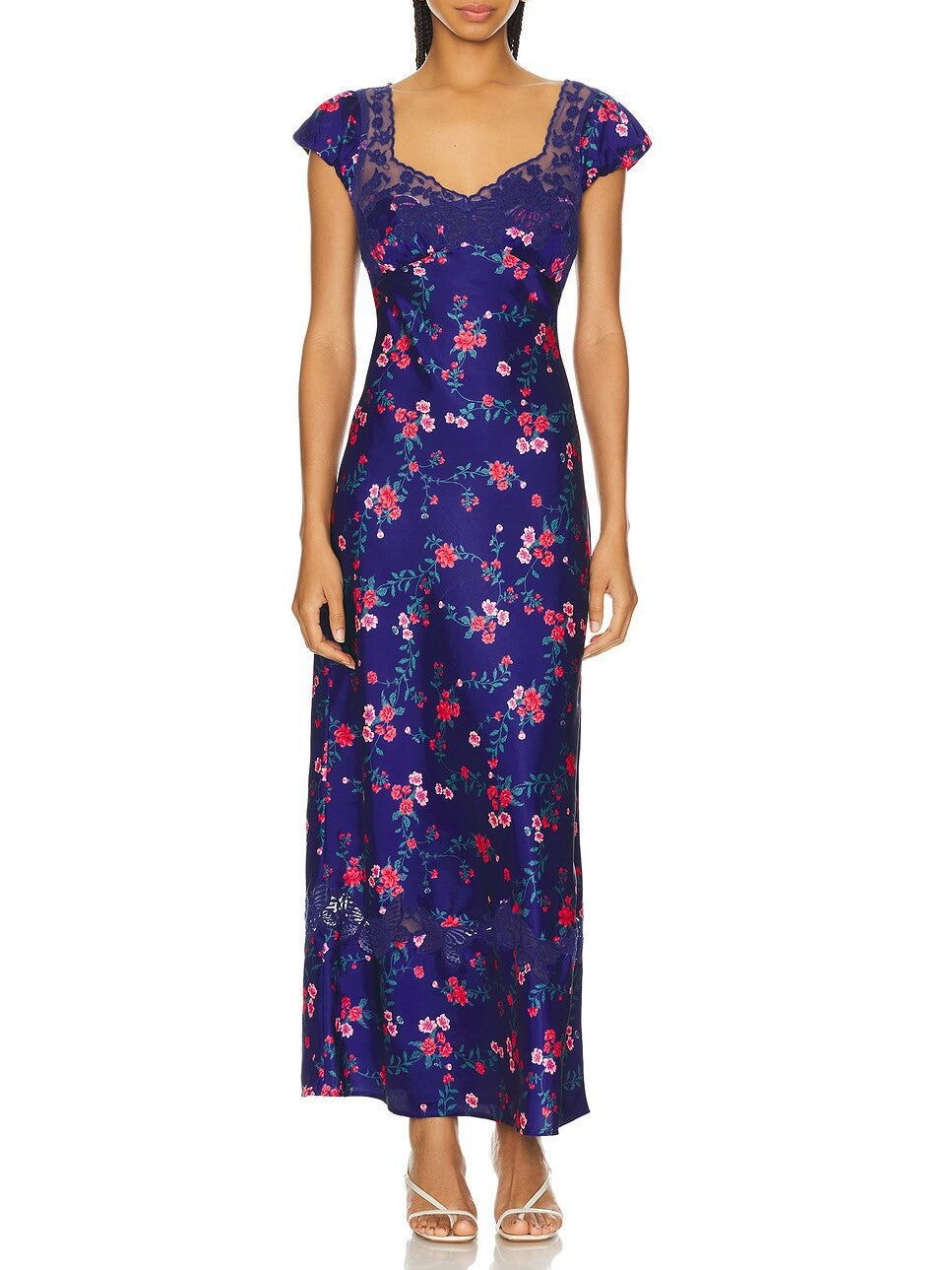 Cap Sleeve Sweetheart Satin Maxi Dress - Floral_B