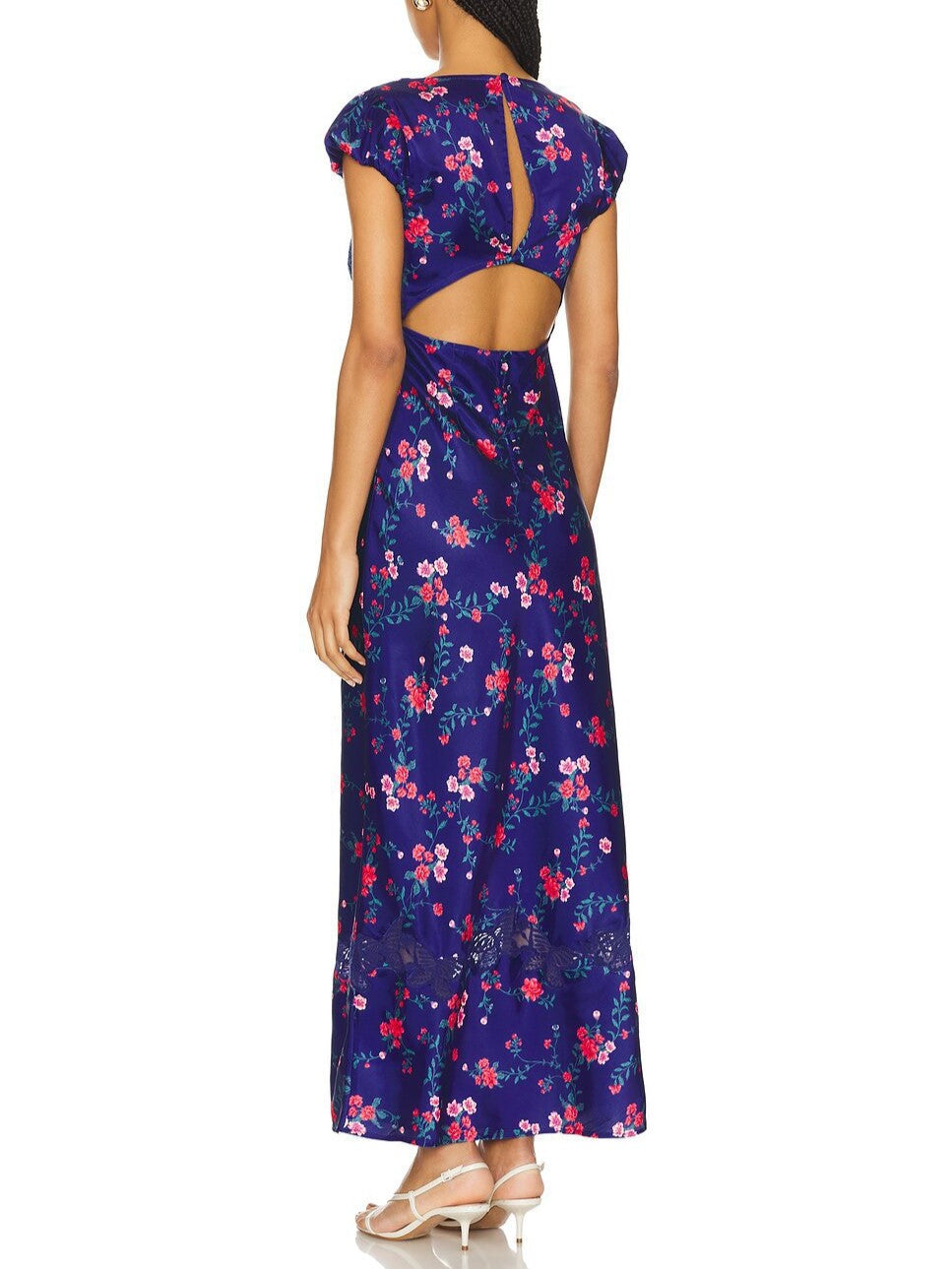 Cap Sleeve Sweetheart Satin Maxi Dress - Floral_B - 1