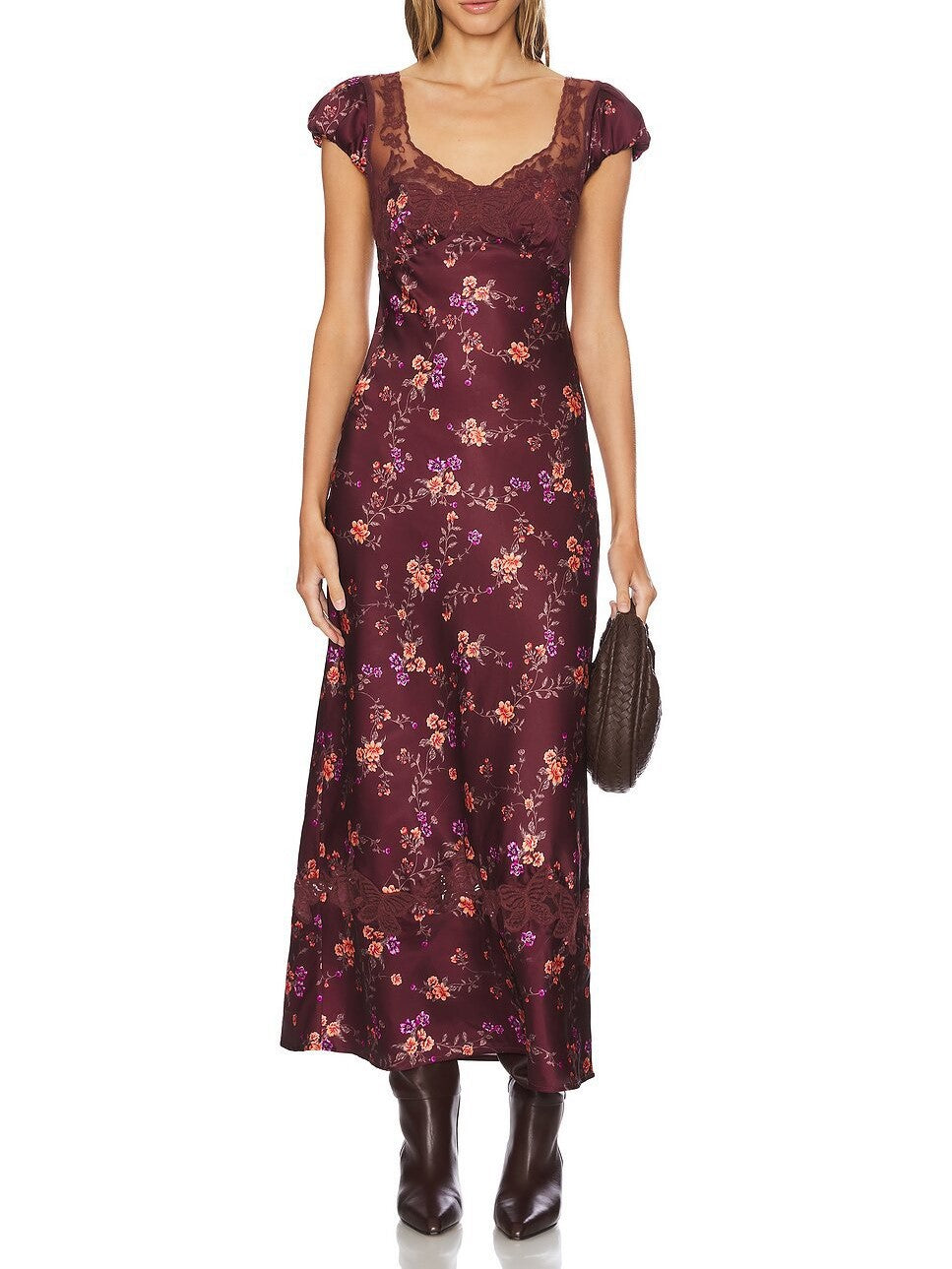 Cap Sleeve Sweetheart Satin Maxi Dress - Floral_R