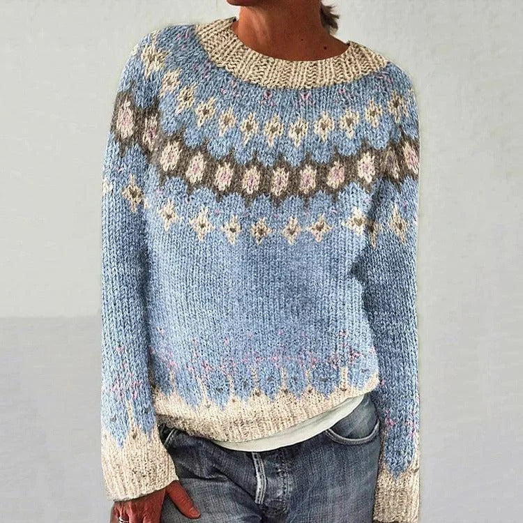 Fair Isle Yoke Nordic Knit Sweater - NO01Blue