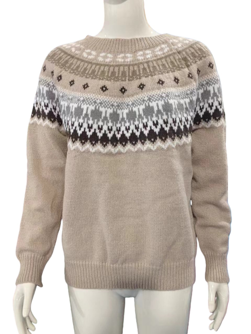 Fair Isle Yoke Nordic Knit Sweater - NO07Khaki