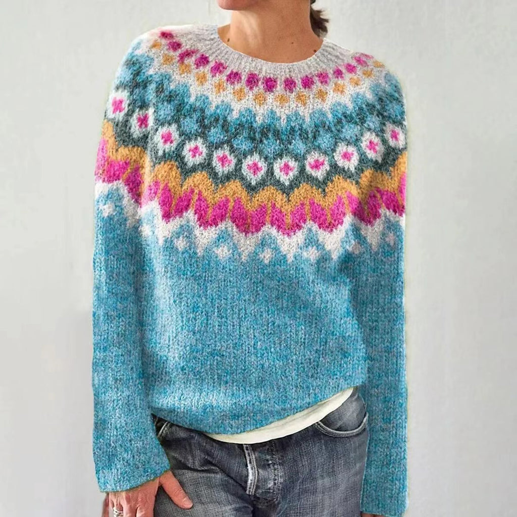 Fair Isle Yoke Nordic Knit Sweater - NO08Blue