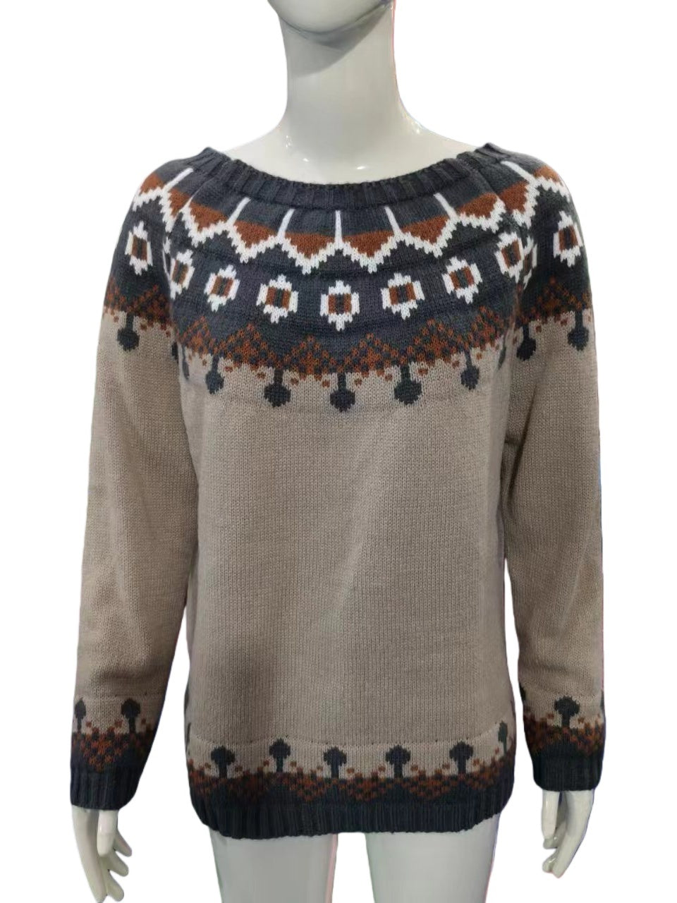 Fair Isle Yoke Nordic Knit Sweater - NO09Taupe