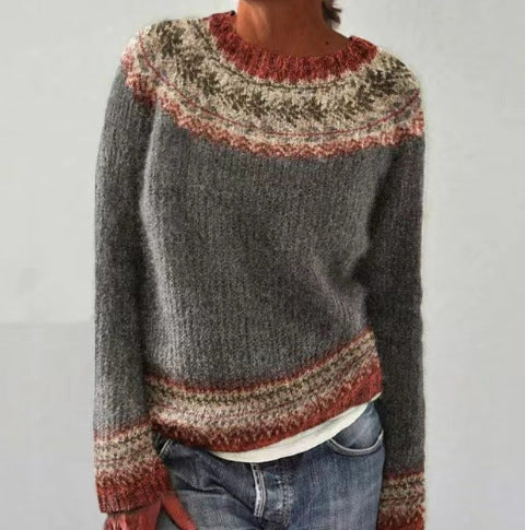 Fair Isle Yoke Nordic Knit Sweater - NO13Grey
