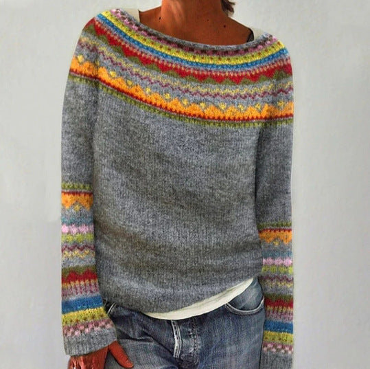 Fair Isle Yoke Nordic Knit Sweater - NO14Grey
