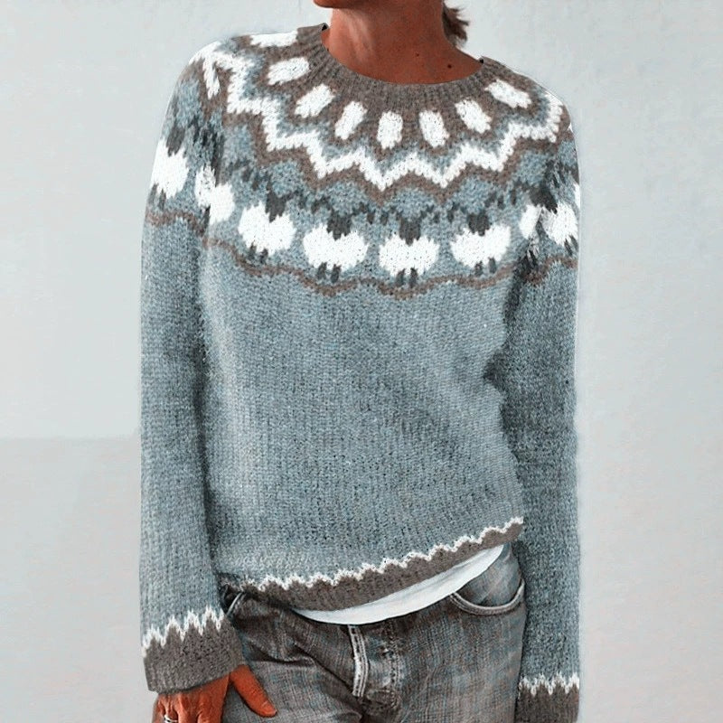 Fair Isle Yoke Nordic Knit Sweater - NO15Grey