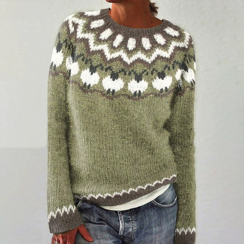 Fair Isle Yoke Nordic Knit Sweater - NO16Green