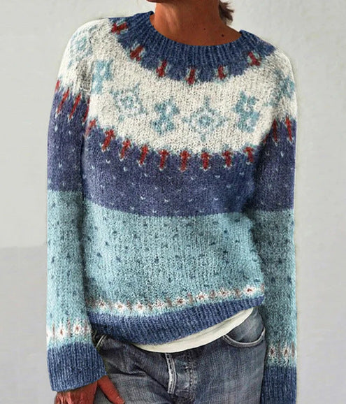 Fair Isle Yoke Nordic Knit Sweater - NO17Blue
