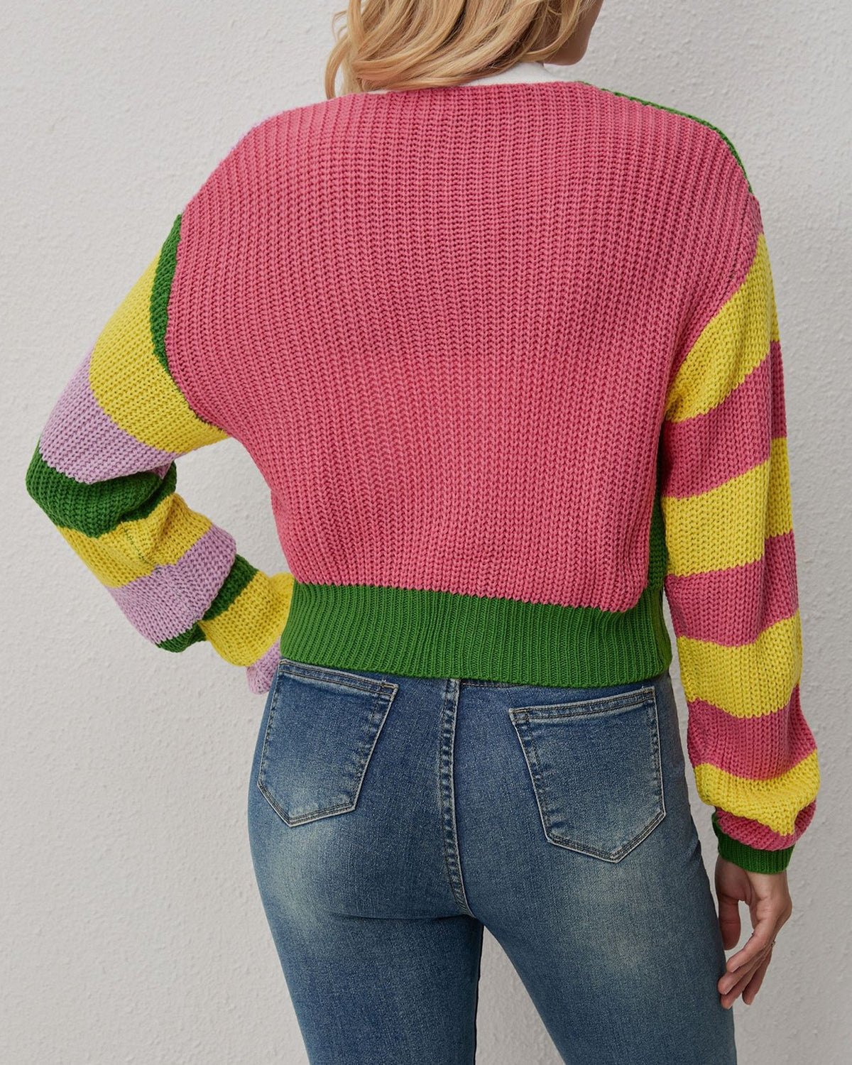 Varsity Letter Patch Striped Cropped Cardigan - Pink - 2