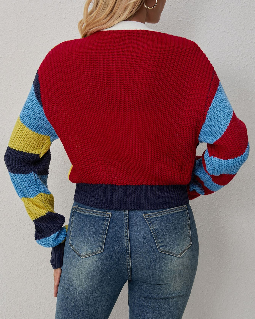 Varsity Letter Patch Striped Cropped Cardigan - Red - 2
