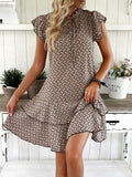 Flutter Sleeve Ruffle Hem Printed Dress - Brown